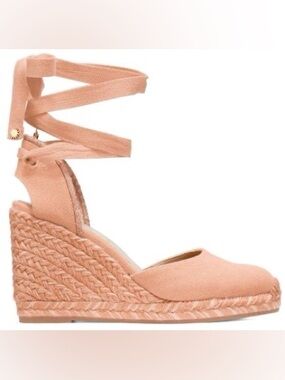 Stuart Weitzman Blush Espadrille Wedge Sandal with Wrap Straps